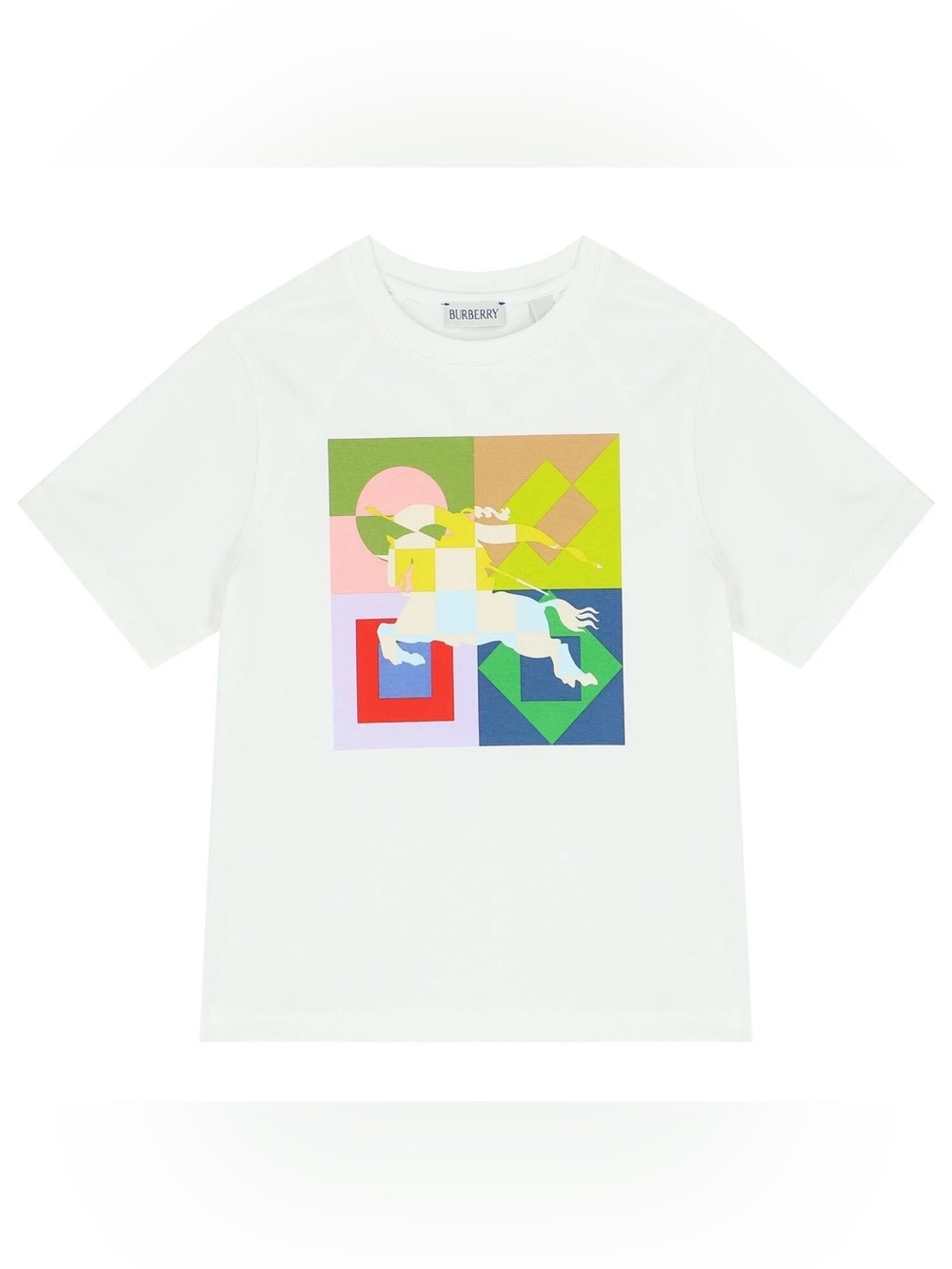 Burberry White Kids Short Sleeve Tee Multicolor Geometric Horse White Knight